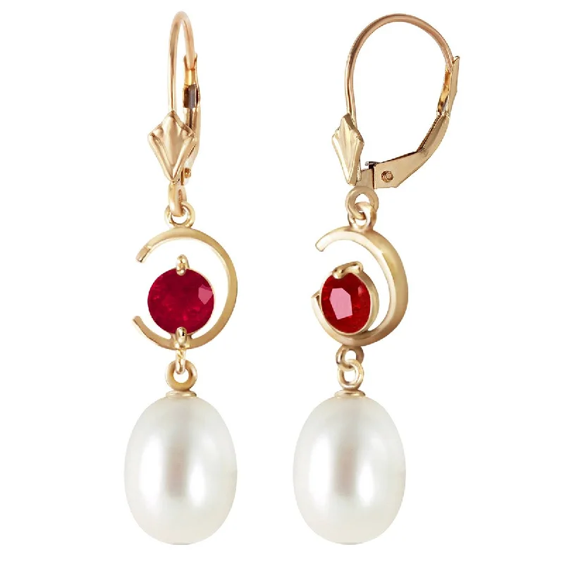 9 Carat 14K Solid Yellow Gold Moonstruck Ruby Pearl Earrings