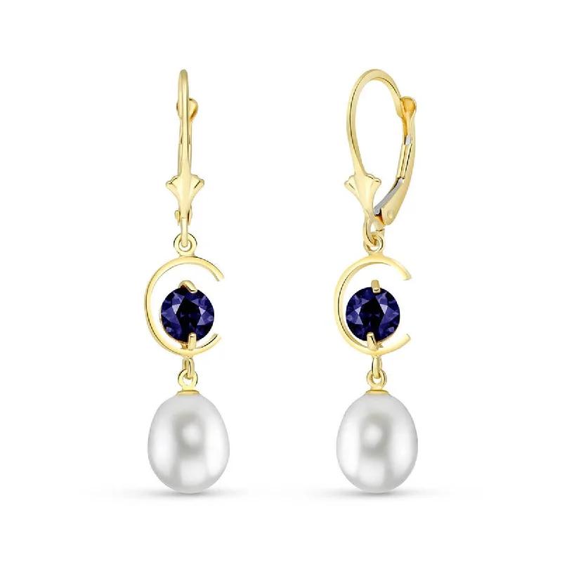 9 Carat 14K Solid Yellow Gold Moonstruck Sapphire Pearl Earrings