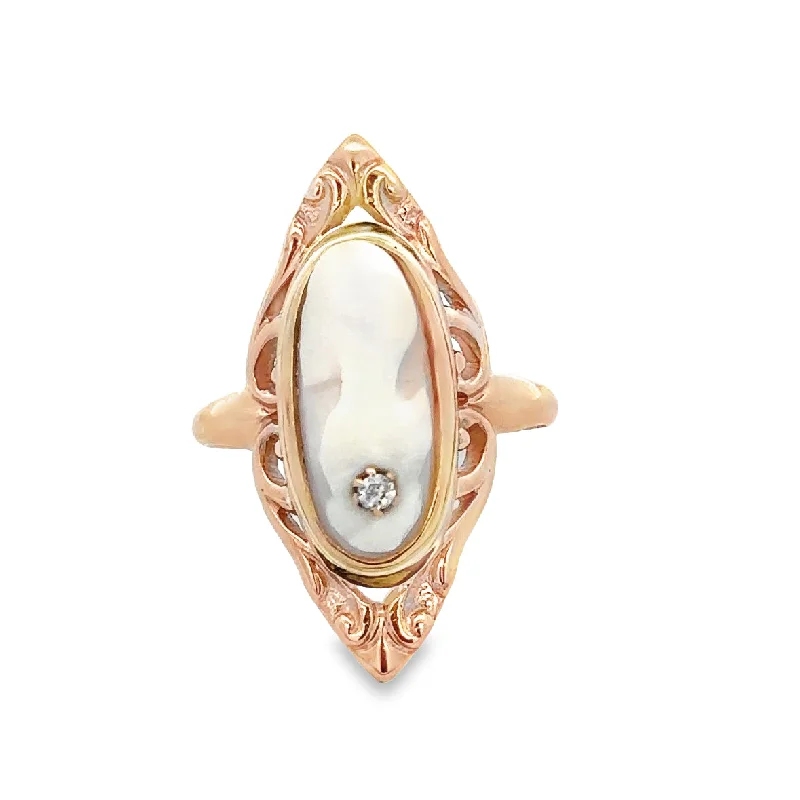 Antique Victorian Shell Cameo and Diamond Ring in 10k Gold