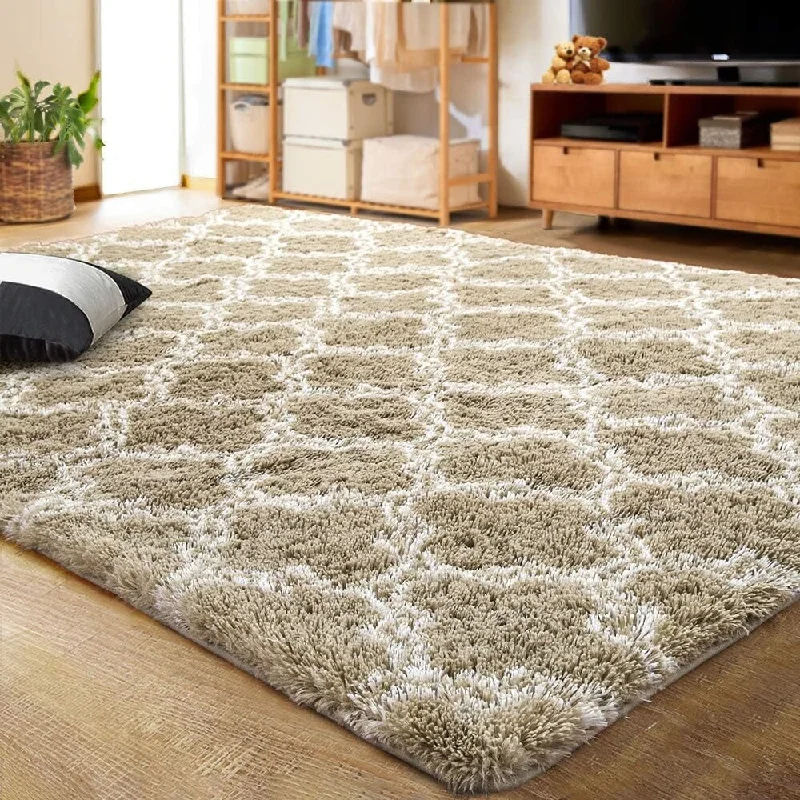 Area Rug 5x8 Feet Geometric Plush Fluffy Rugs,Beige/White