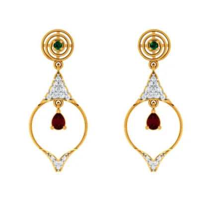 Diamond Studded Drop Dangler With Marvellous Red Stone In 22k Gold Earrings