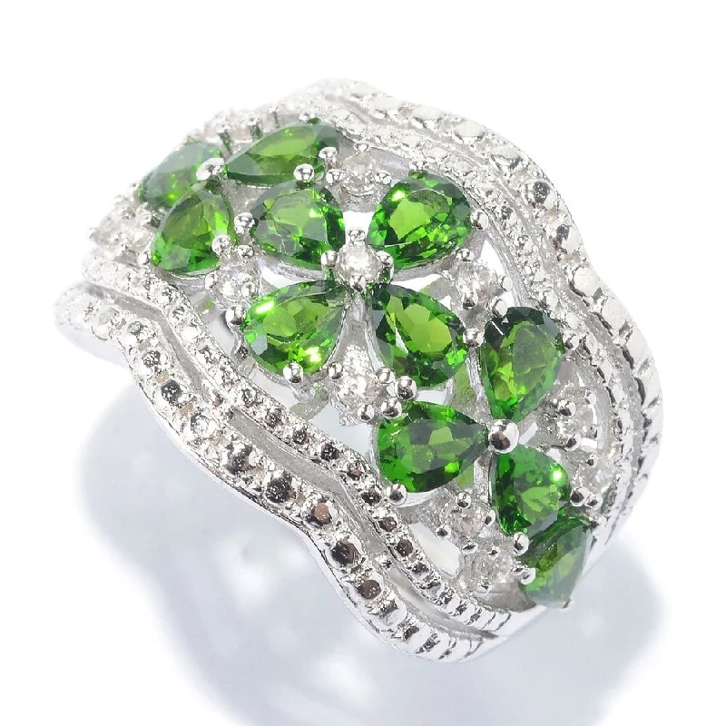 Diopside & White Zircon Floral Scalloped Wide Band Ring