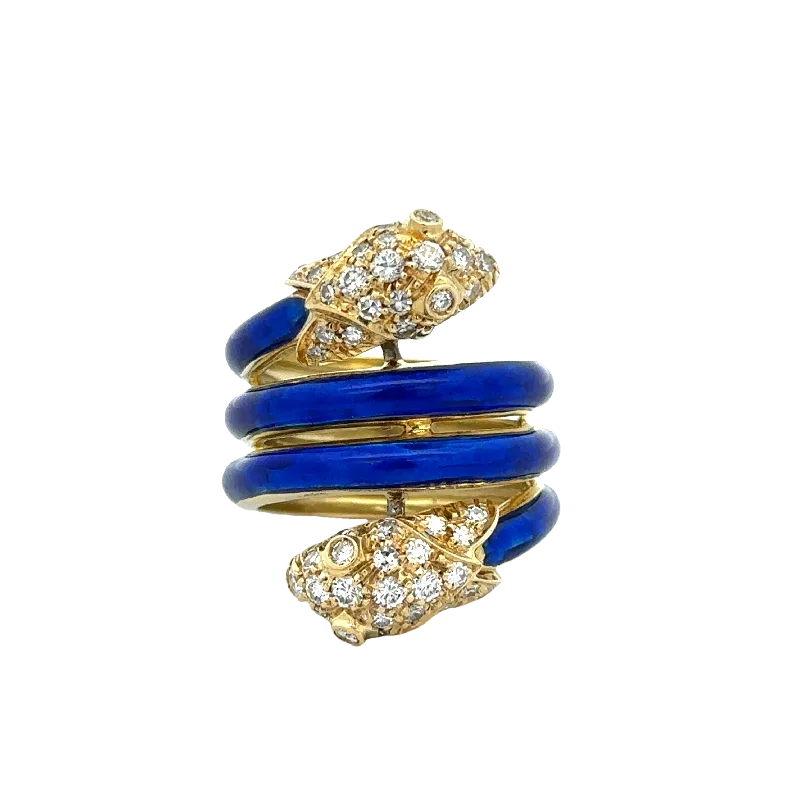 Enameled Diamond Double Snake Ouroboros Ring in 18k Yellow Gold