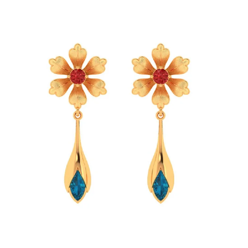 Floral Style 18k Gold Blue And Red Gems Earrings