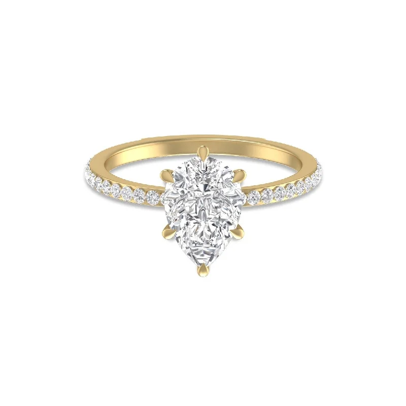 Marquee 14K Yellow Gold Hidden Halo Cleo Ring with IGI Certified 2.50 Carat Center Pear Shape Lab-Grown Diamond