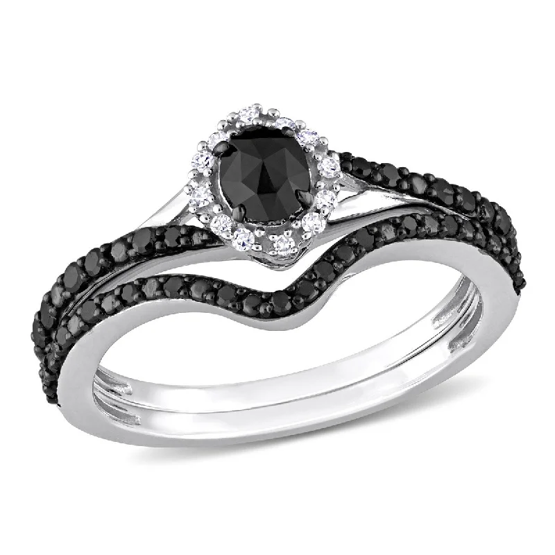 Miadora 1/2ct TDW Black White Oval Round-Cut Diamonds Bridal Ring Set in 10k White Gold