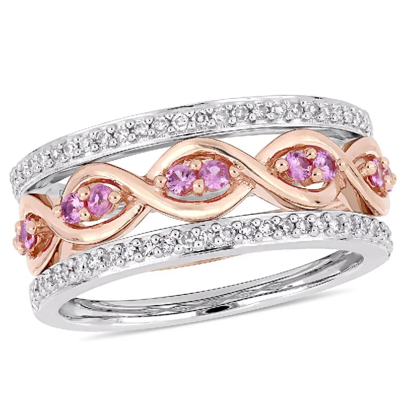 Miadora 1/4ct TDW Diamond Pink Sapphire 3-Piece Infinity Ring Set in 14k Two-Tone Gold