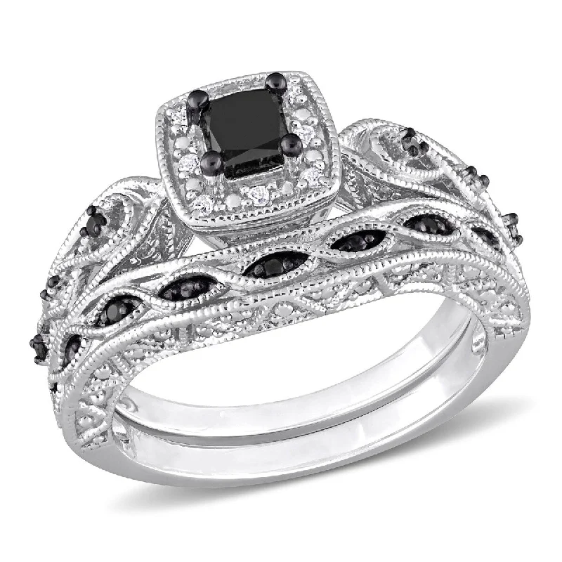 Miadora 5/8ct TDW Princess Round-Cut Black White Diamond Bridal Ring Set in Sterling Silver