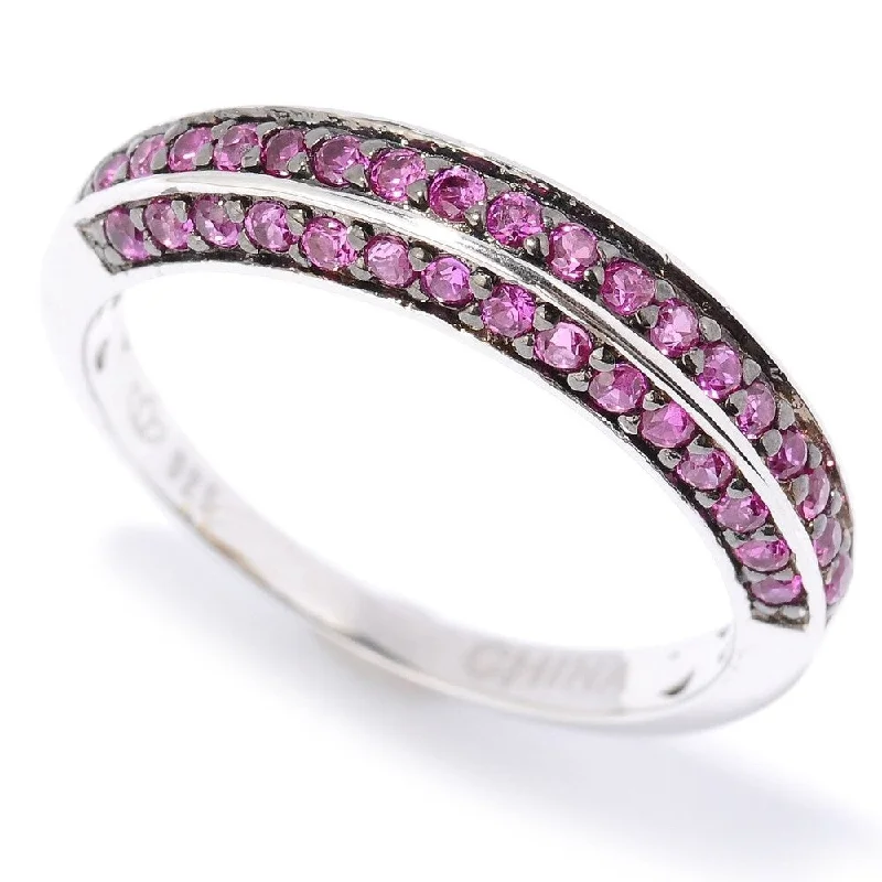 Platinum Plated Sterling Silver Pave Set Ruby Cubic Zirconia Half-band Ring