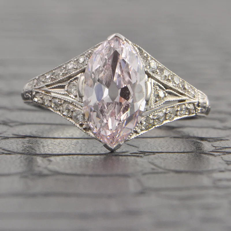 Rare Art Deco Light Purple-Pink Marquise Cut Diamond Ring in Platinum