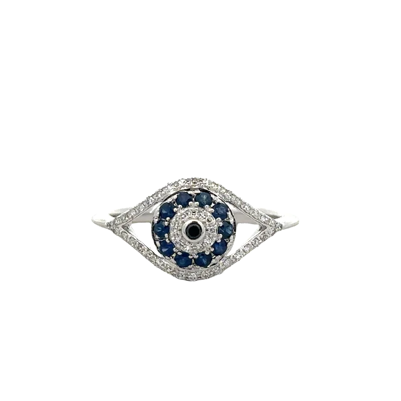 Sapphire and Diamond Openwork Navette Shape Ring in White Gold