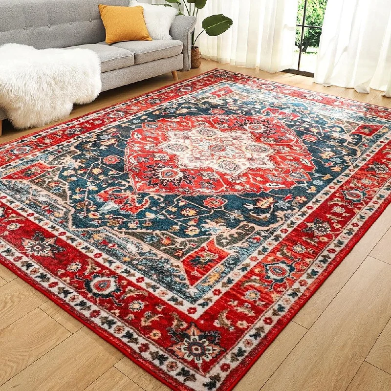 Soft Area Rug 5x7, Washable Rug Low-Pile Vintage Rugs,Red