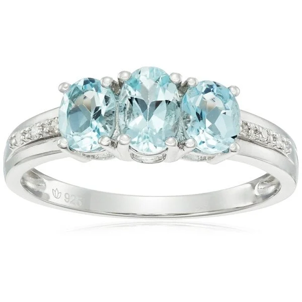 Sterling Silver Aquamarine, Diamond Accent 3-Stone Oval Ring, Size 7 - Blue