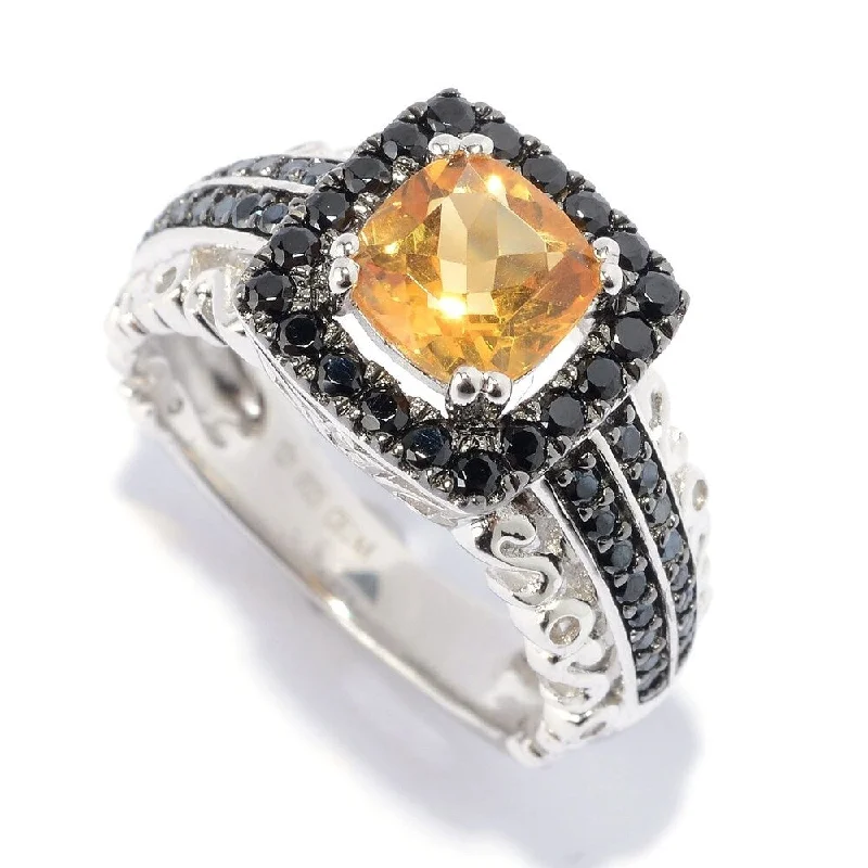 Sterling Silver Citrine and Black Spinel Halo Ring