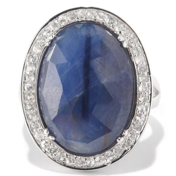 Sterling Silver Platinum Plated 10.5TCW Sliced Blue Sapphire & Natural White Zircon Halo Ring