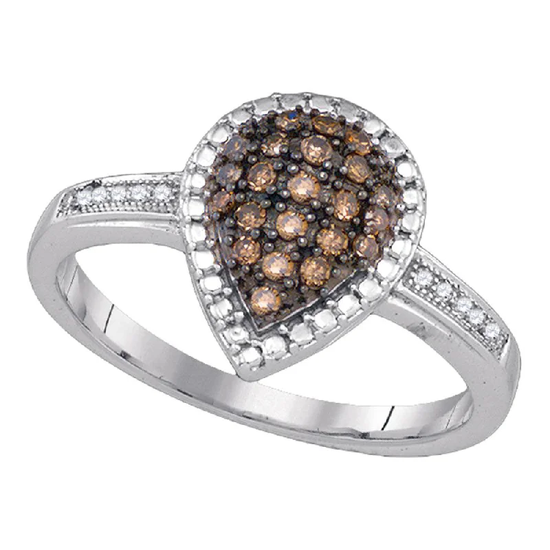 Sterling Silver Womens Round Brown Diamond Teardrop Cluster Ring 1/5 Cttw