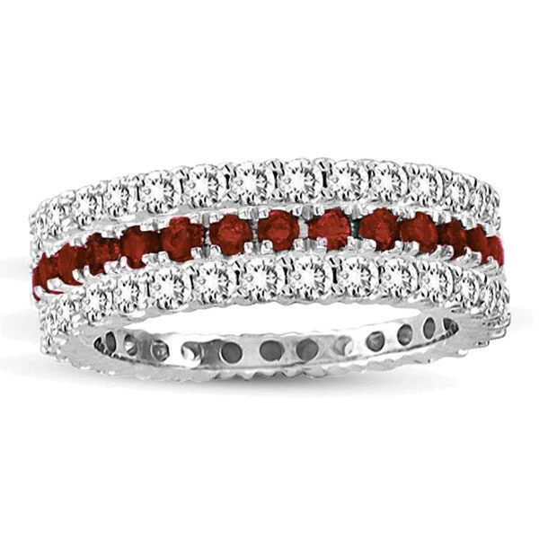 Suzy Levian 14k White Gold Ruby Diamond 3-piece Eternity Band Ring Set