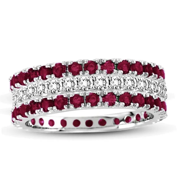 Suzy Levian 14k White Gold Ruby Diamond 3-piece Eternity Band Ring Set