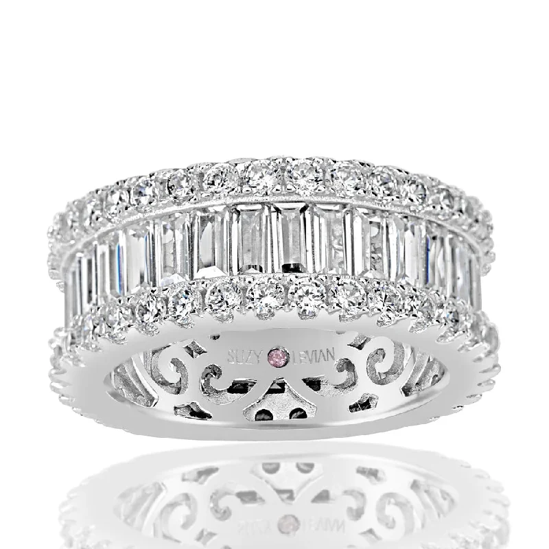 Suzy Levian Sterling Silver Cubic Zirconia White Baguette and Round Wide Eternity Band