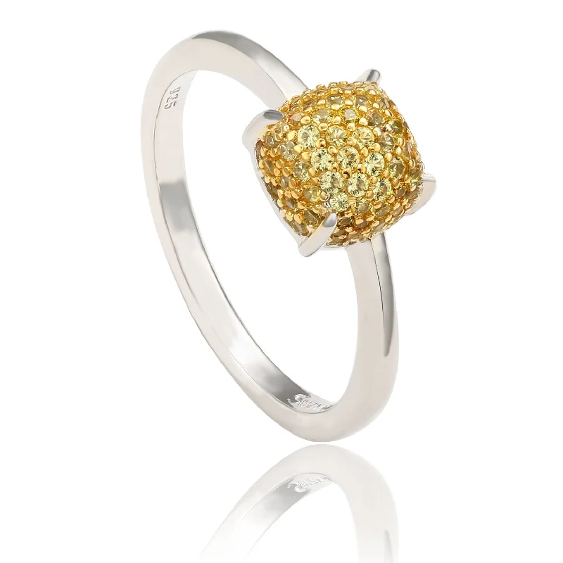 Suzy Levian Sterling Silver Yellow Sapphire & Diamond Accent Pave Ball-Top Ring