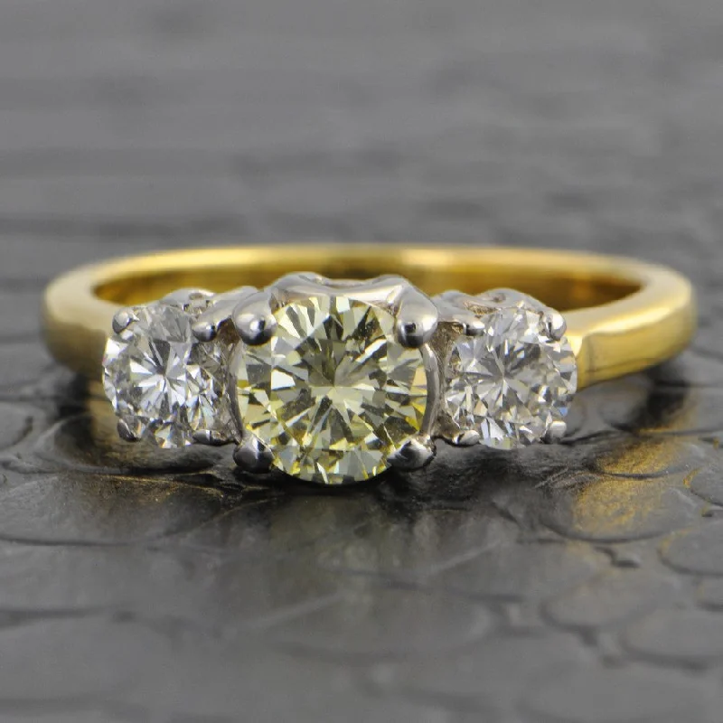 Three Stone Light Yellow and White Diamond Ring