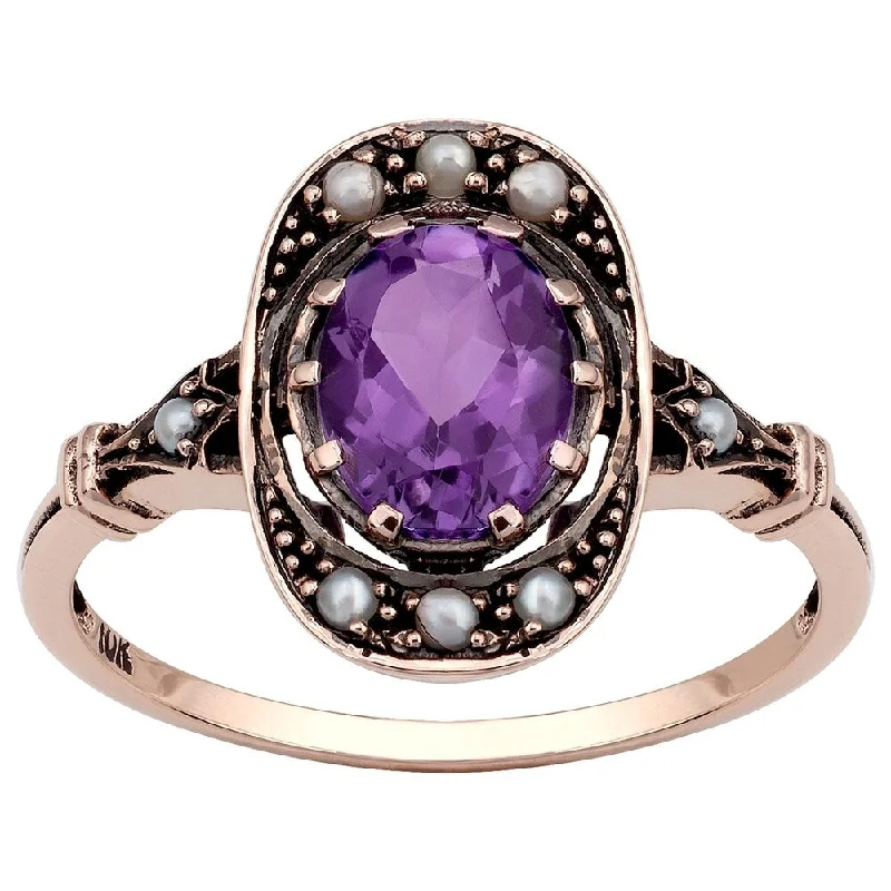 Viducci 10k Rose Gold Vintage Style Genuine Amethyst and Pearl Ring - Purple