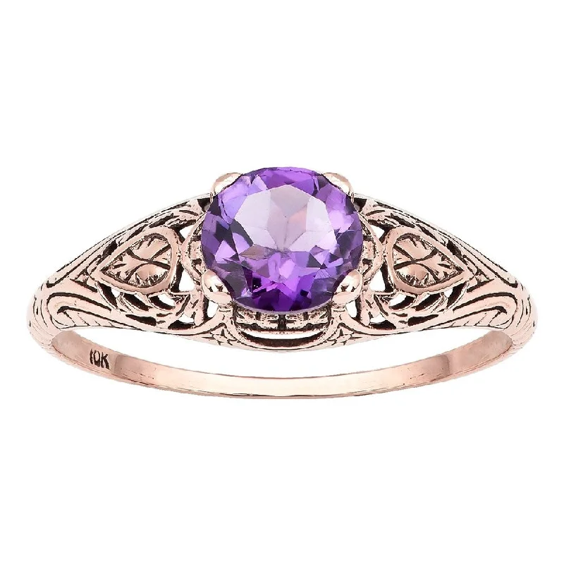 Viducci 10k Rose Gold Vintage Style Genuine Amethyst Scroll Ring