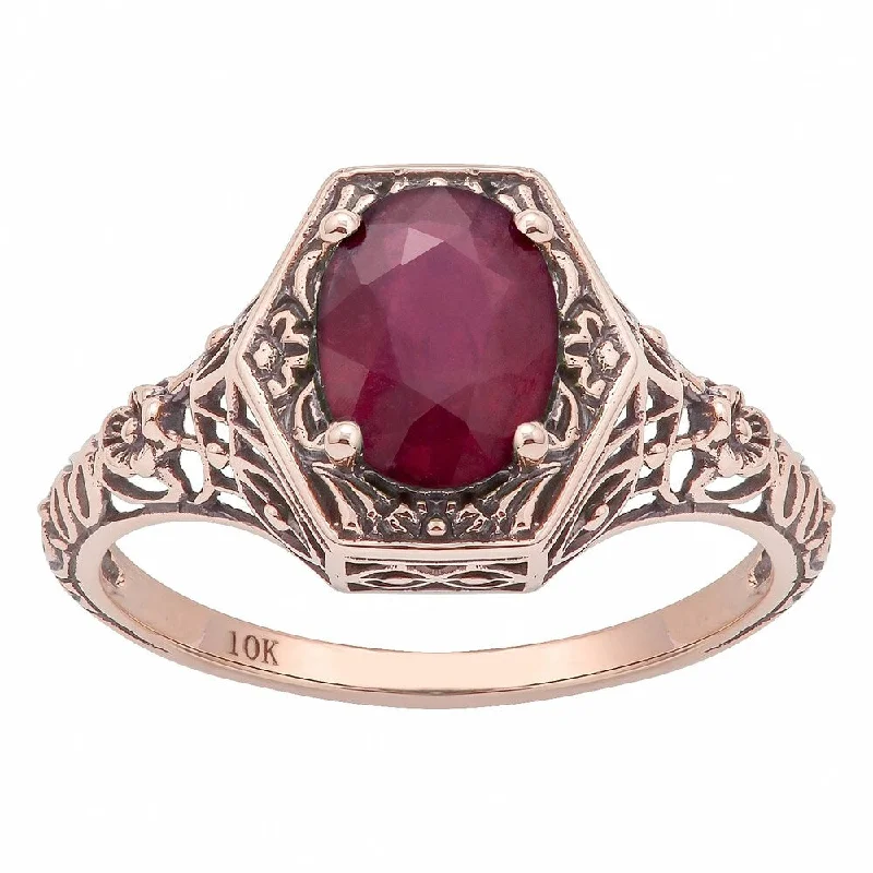 Viducci 10k Rose Gold Vintage Style Genuine Oval Ruby Ring