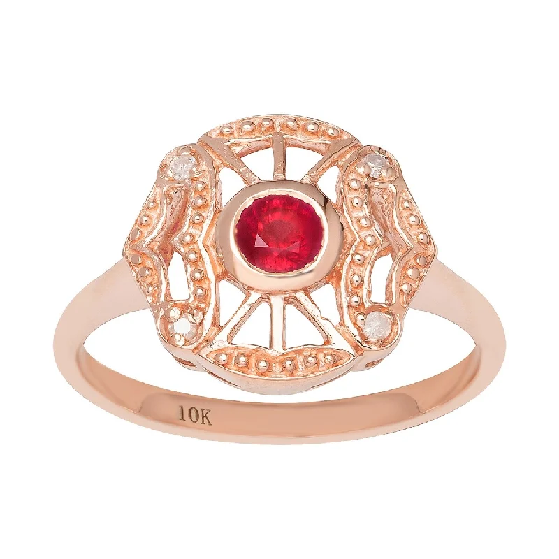 Viducci 10k Rose Gold Vintage Style Genuine Round Ruby and Diamond Accent Ring