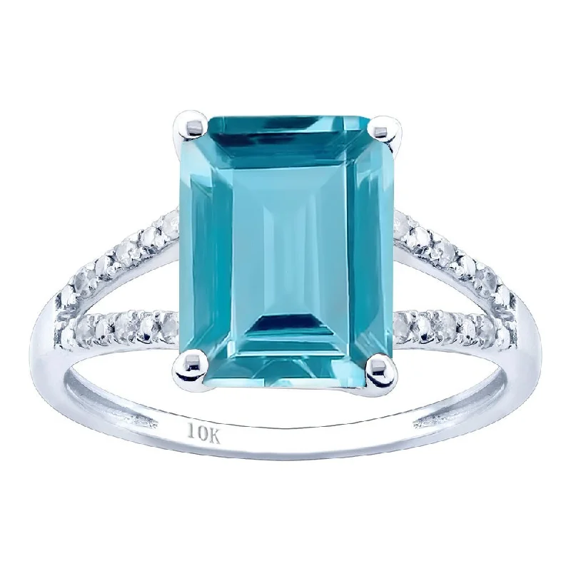 Viducci 10k White Gold Genuine Emerald-Shape Blue Topaz and Split-Shank Diamond Ring