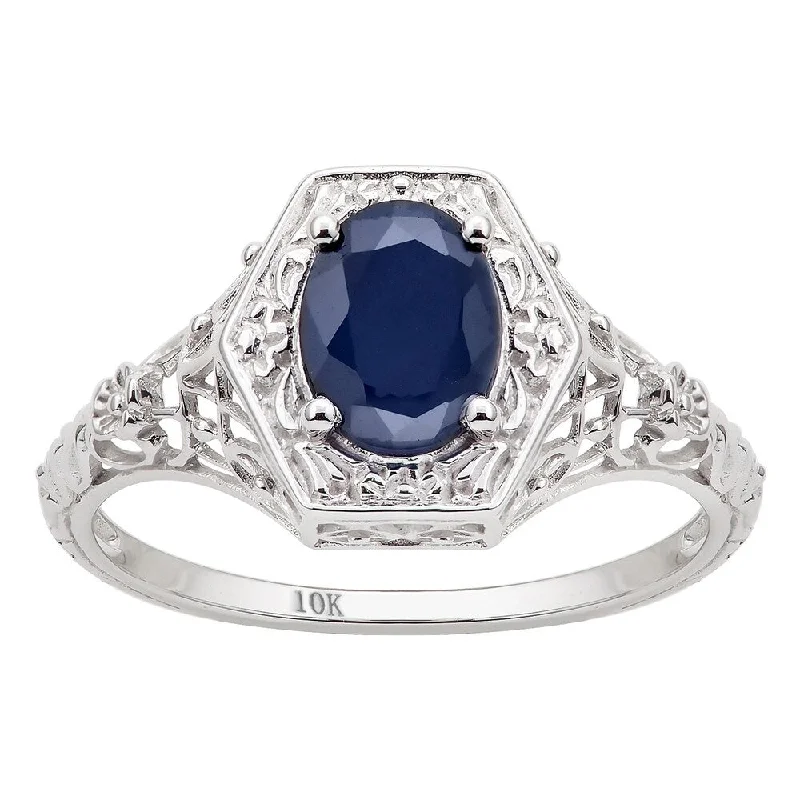 Viducci 10k White Gold Vintage Style Genuine Oval Sapphire Ring