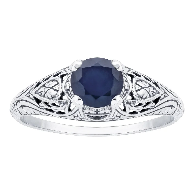 Viducci 10k White Gold Vintage Style Sapphire Scroll Ring