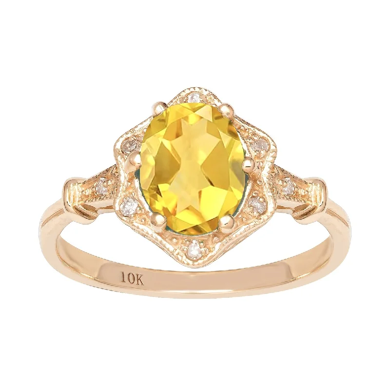 Viducci 10k Yellow Gold Vintage Style Genuine Oval Citrine and Diamond Halo Ring