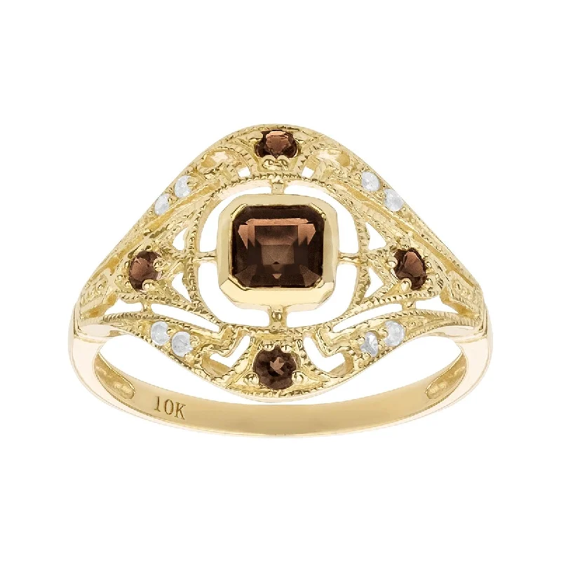 Viducci 10k Yellow Gold Vintage Style Genuine Smoky Quartz and Diamond Ring