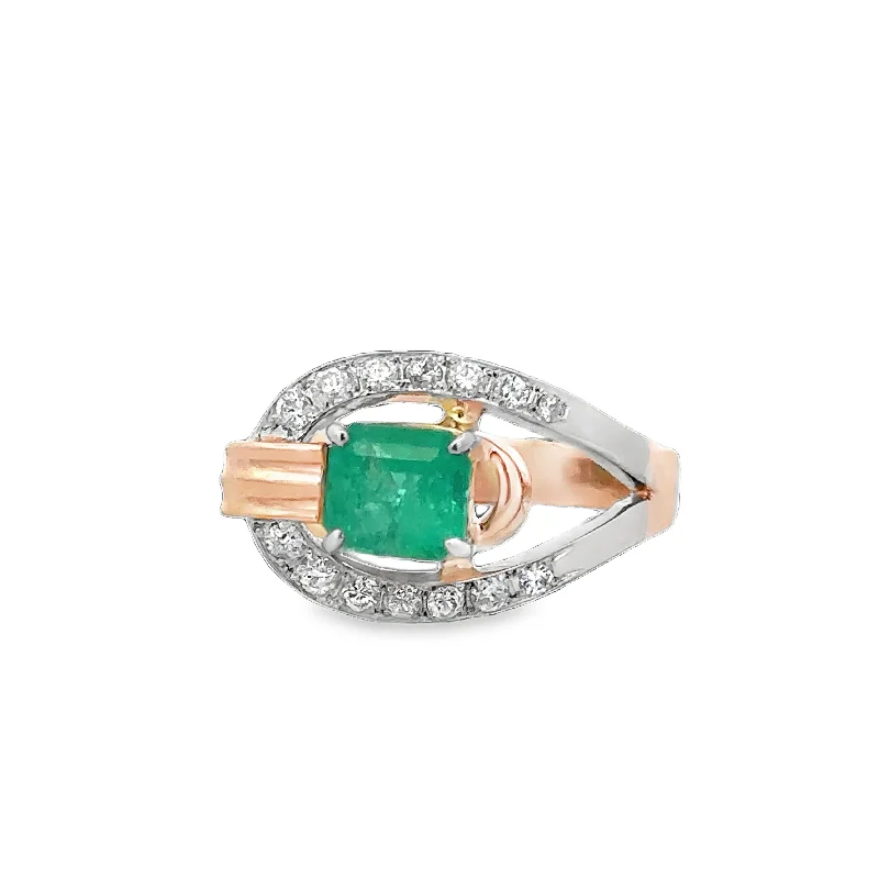 Vintage Emerald and Diamond Ring in Platinum and Yellow Gold