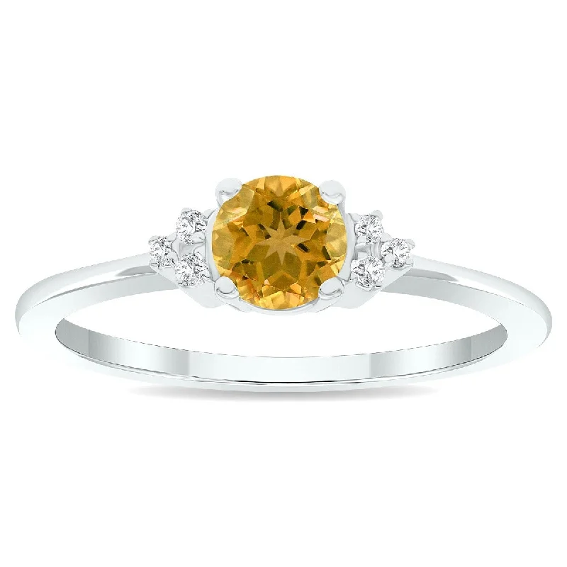 Women's Citrine and Diamond Half Moon Ring in 10K White Gold