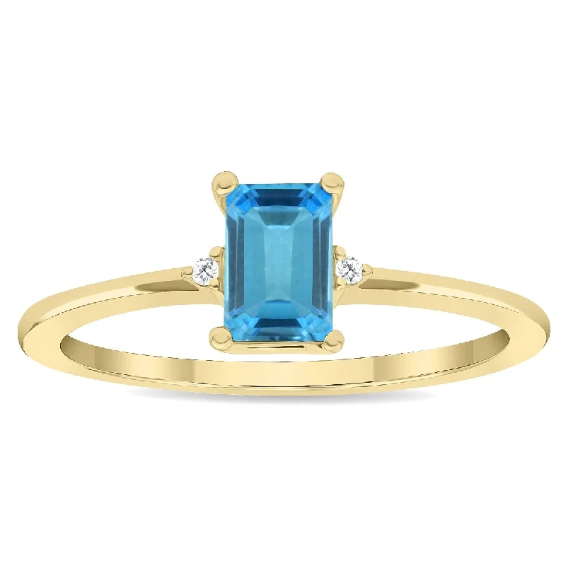 Women's Emerald Cut Blue Topaz and Diamond Classic Band in 10K Yellow Gold