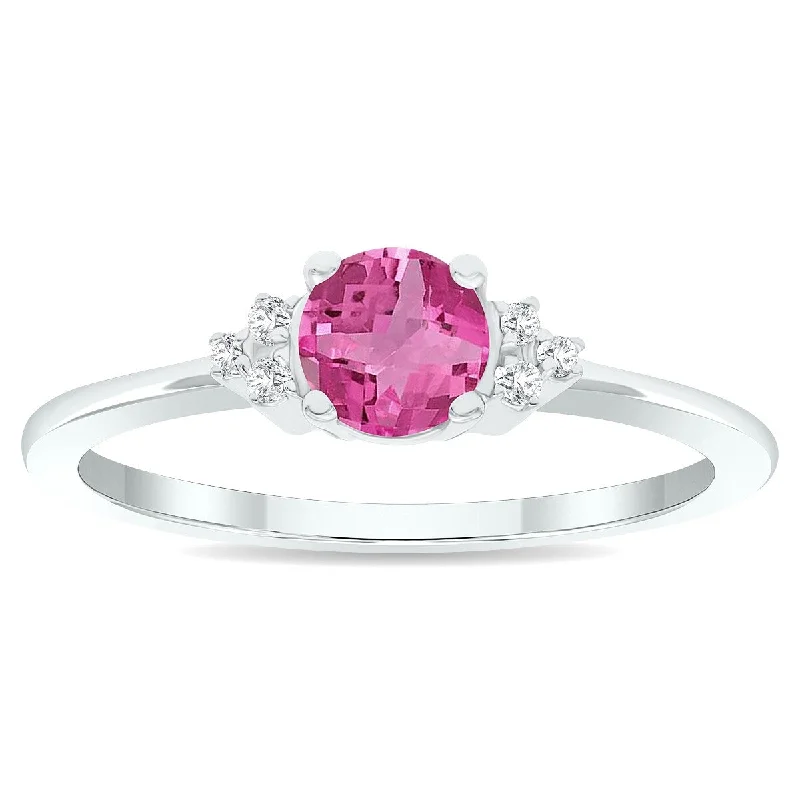 Women's Pink Topaz and Diamond Half Moon Ring in 10K White Gold