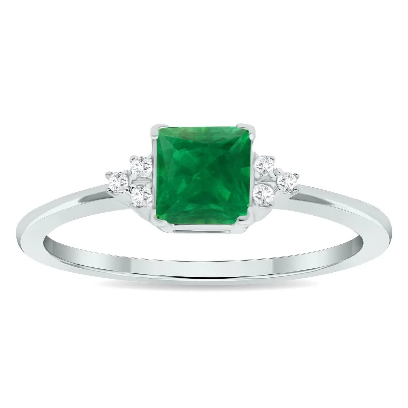 Women's Princess Cut Emerald and Diamond Half Moon Ring in 10K White Gold