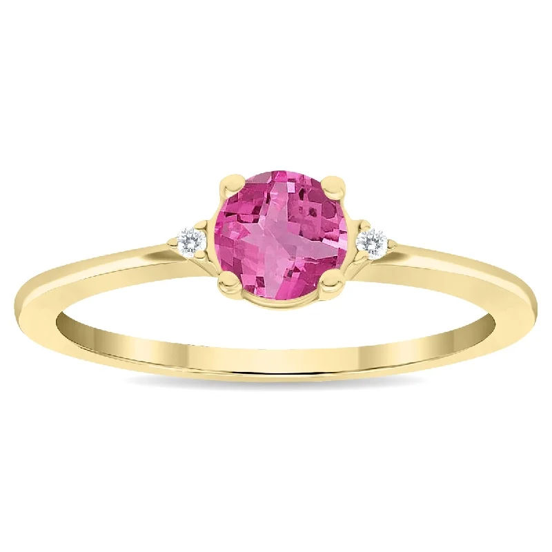 Women's Round Shaped Pink Topaz and Diamond Classic Band in 10K Yellow Gold