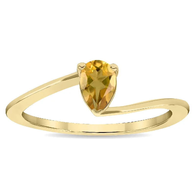 Women's Solitaire Pear Shaped Citrine Wave Ring in 10K Yellow Gold