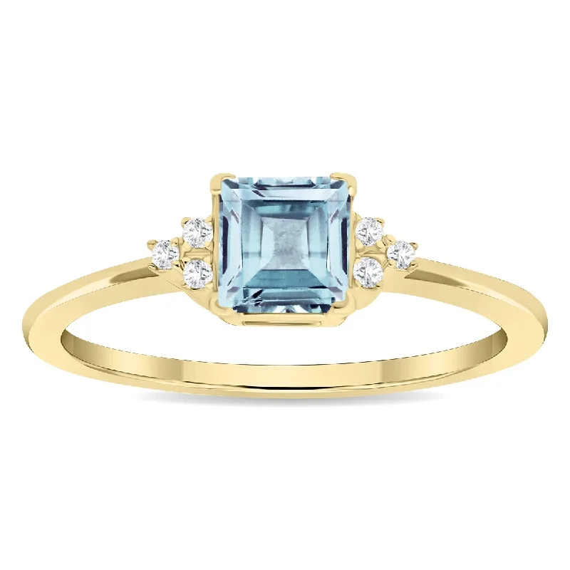 Women's Square Shaped Aquamarine and Diamond Half Moon Ring in 10K Yellow Gold