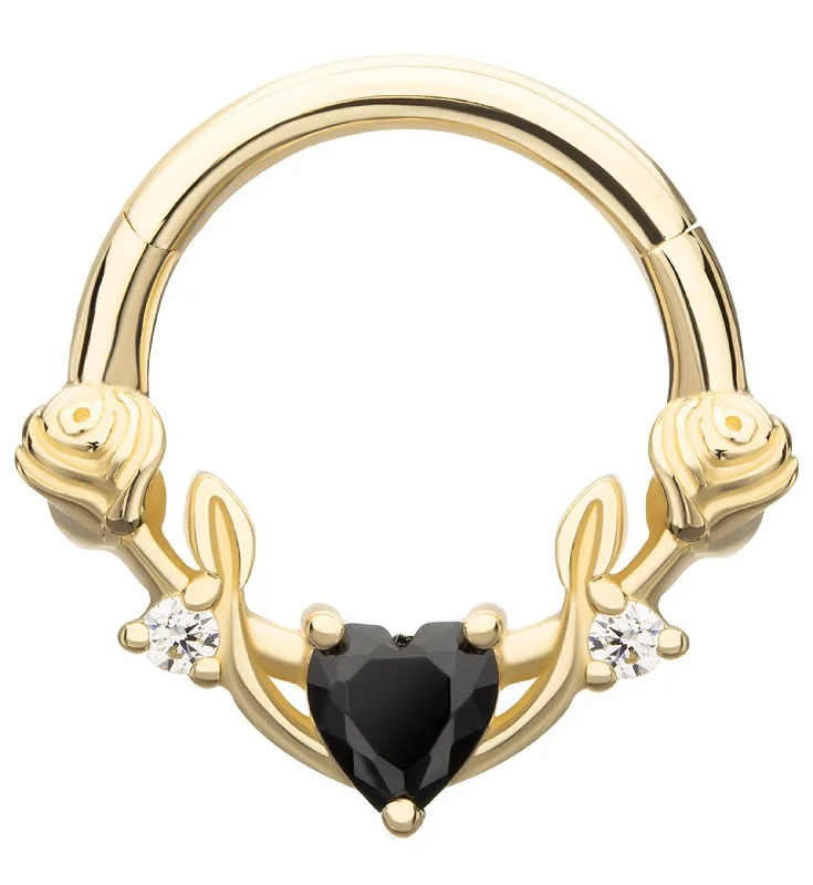 14kt Gold Blooming Vine Black Heart CZ Hinged Segment Ring