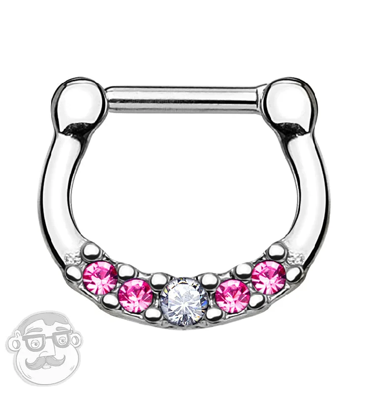 16G Pink CZ Line Stainless Steel Septum Clicker