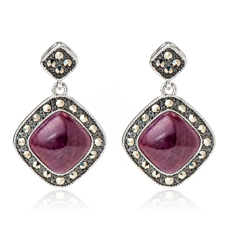 925 Sterling Silver Indian Ruby and Marcasite Drop Earrings