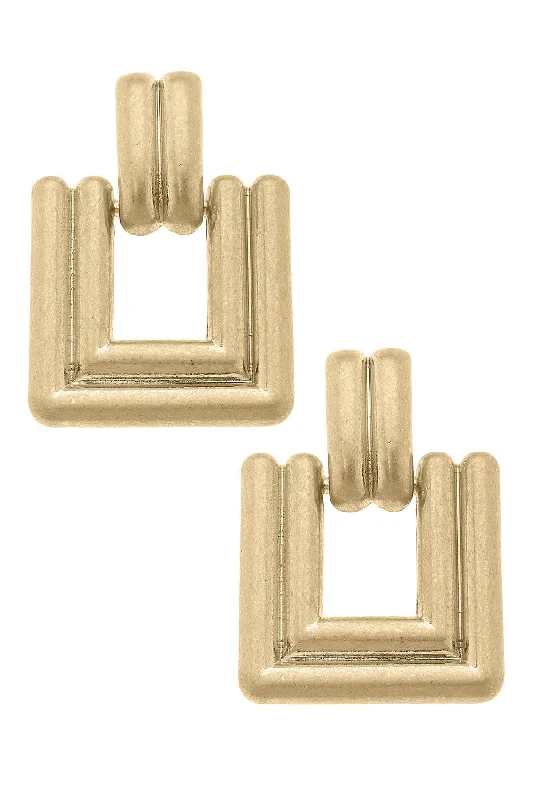 Square Door Knocker Earrings in Worn Gold