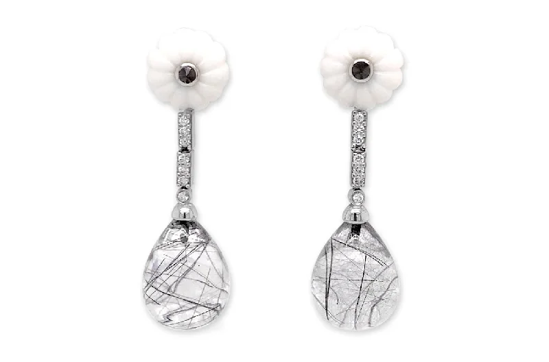 Earrings 18kt Carved White Onyx with Rutilated Quartz & Diamonds