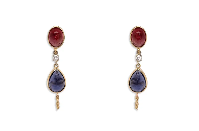 Earrings 18kt Gold Iolite & Tourmaline Chain Studs Drop