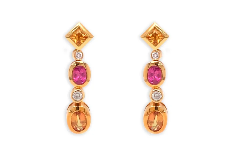 Earrings 18kt Gold Orange & Pink Sapphires with Diamonds