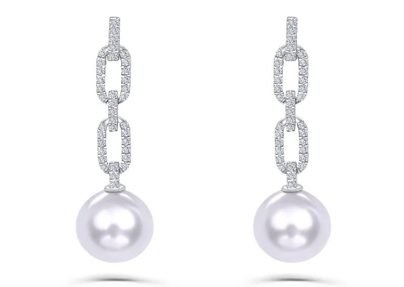 Earrings 18kt White Gold South Sea Pearls Drops with Paper Clip & Diamonds